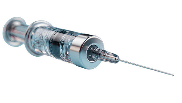 Close-up shot of a glass syringe filled with liquid, needle pointing right, set against black background
