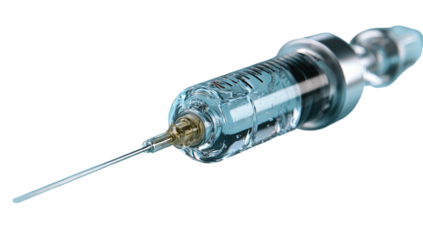 A close-up 3D render of a transparent medical syringe with a needle against a black background