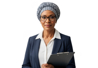 Professional middle-aged african american businesswoman with clipboard, wearing glasses and headscarf portrait stock photo isolated on transparent background