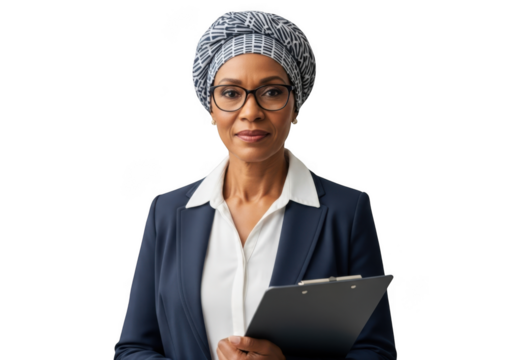 Professional middle-aged african american businesswoman with clipboard, wearing glasses and headscarf portrait stock photo isolated on transparent background - Powered by Adobe