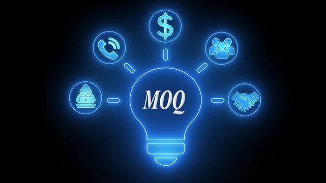 M O Q concept lightbulb with icons for business negotiation communication finance and teamwork glowing neon blue on black background