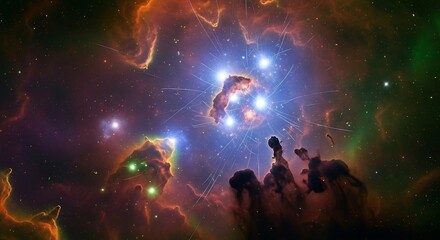 Stunning Cosmic Landscape with Bright Stars and Nebulae.