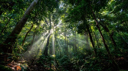 Obraz premium Sunlight streams through lush, vibrant green trees in a dense forest, creating a dramatic and ethereal atmosphere; dappled light and shadows play across the leaves and forest floor, evoking a sense...