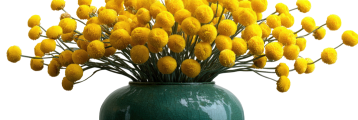 Close-up of yellow floral arrangement in a green, round vase against a black background