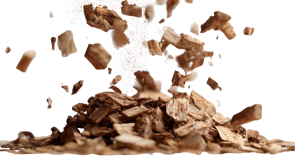 A dynamic shot of wooden chips and light dust suspended against a black background
