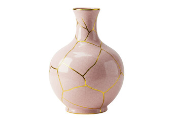 Pink kintsugi vase isolated, Japanese art of repairing broken pottery with gold for home decor and...