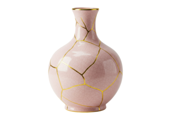 Pink kintsugi vase isolated, Japanese art of repairing broken pottery with gold for home decor and mindfulness