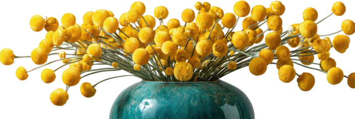A vibrant still life, displaying a bouquet of yellow, spherical flowers in a decorative turquoise vase