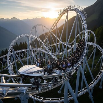 Roller Coaster Thrill Ride Against Mountain Sunset Scenery.