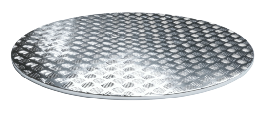 A close-up shot of a circular metal plate with a textured, diamond-patterned surface