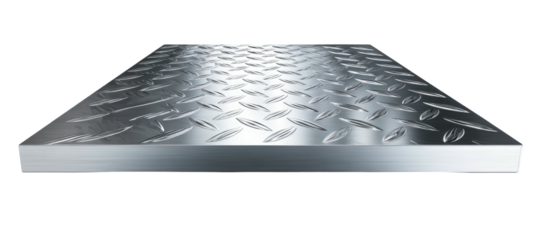 A perspective shot of a diamond plate. The metal platform is shiny, and has a black background