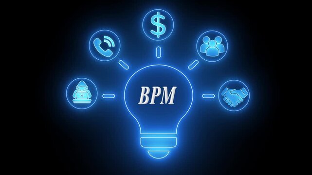Business Process Management B P M concept light bulb with icons for communication finance teamwork hacking and handshake glowing blue on black background