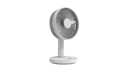 Isolated minimalist desk fan, white plastic with a circular head, facing slightly right