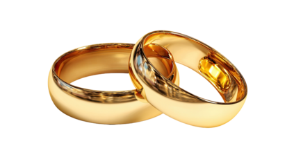 Two perfectly polished golden wedding rings, isolated against a pure black background, gleaming
