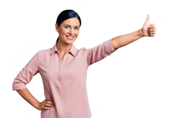 Professional business woman giving thumbs up gesture in pink shirt - stock photo for presentations and design projects isolated on transparent background