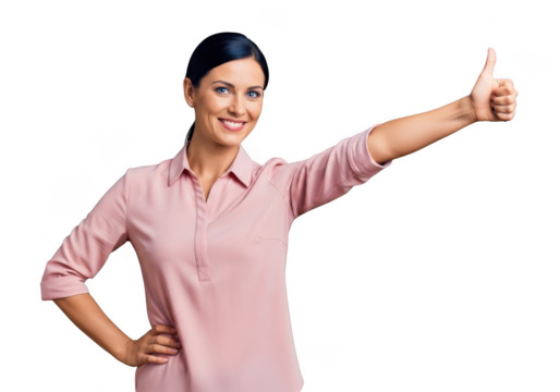 Professional business woman giving thumbs up gesture in pink shirt - stock photo for presentations and design projects isolated on transparent background - Powered by Adobe