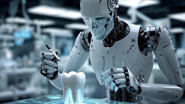 Humanoid robot examines digital holographic model of tooth, representing AI in dentistry and future medical technologies. - Powered by Adobe