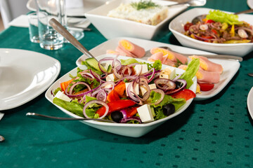 Food on the festive table. Cold appetizers for the banquet.