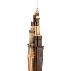 Naklejka premium Wooden skyscraper model against black backdrop varying shades detailed windows antenna