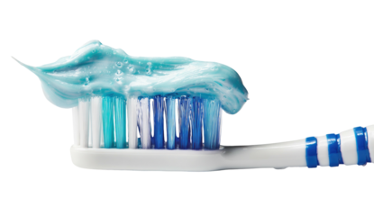 Close-up shot of a toothbrush with a large glob of blue toothpaste on the bristles
