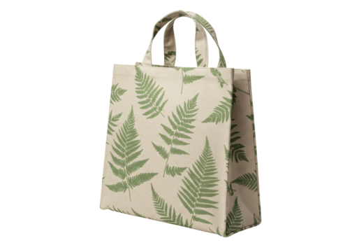 Reusable shopping bag with fern pattern isolated on white, eco-friendly tote bag for groceries and sustainable lifestyle
