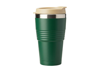 Green stainless steel travel mug with beige lid isolated, reusable container for hot and cold drinks on a clean backdrop