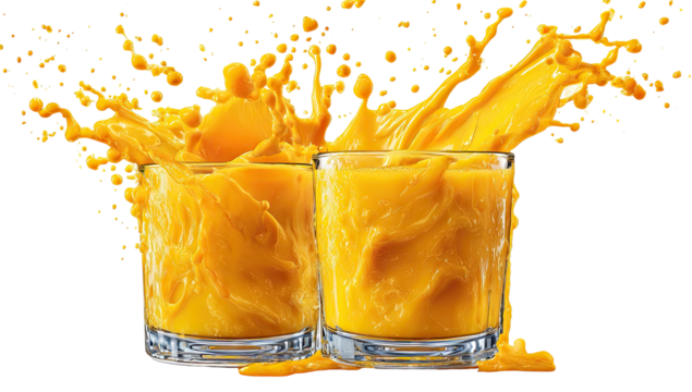 Two glasses of bright yellow liquid with splashes, isolated on black, capturing a vibrant moment