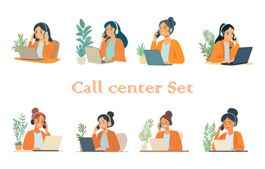 Set of call center operators with headphones and laptops