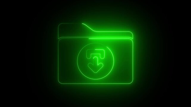 Green neon folder icon with download arrow glowing on black background digital animation data storage concept