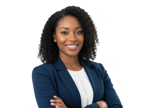 Professional african american businesswoman smiling portrait in blue suit stock photo for corporate use, isolated on transparent background - Powered by Adobe