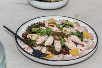 Food on the festive table. Cold appetizers for the banquet.