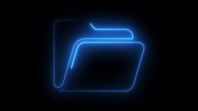 Glowing blue neon folder icon animation on black background digital data organization concept abstract technology graphic