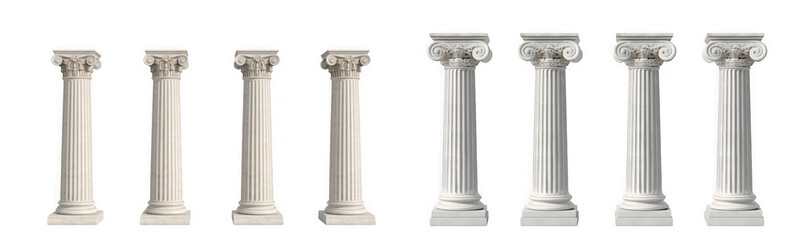 Obraz premium Collection of seven columns isolated on transparent background, showcasing a variety of architectural styles and materials, perfect for design projects
