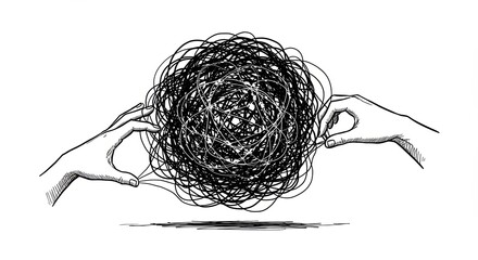 Hand-drawn sketch illustration of two hands carefully unraveling a tangled mess of thread. A powerful metaphor for the process of therapy, solving complex problems, and finding clarity in chaos.