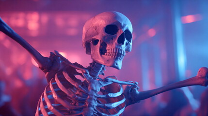 Skeleton dancing in a nightclub close up, Halloween party concept