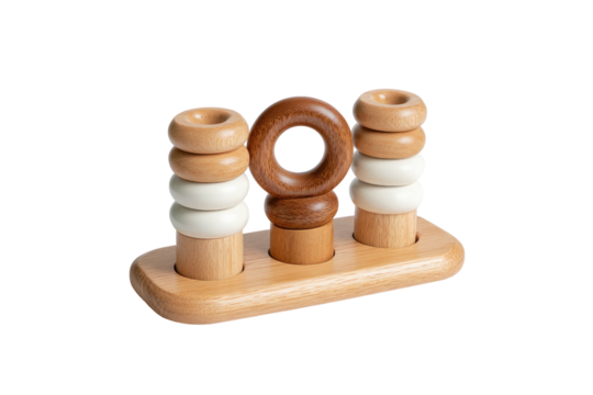 Wooden educational toy featuring stacks of colored rings on wooden pegs