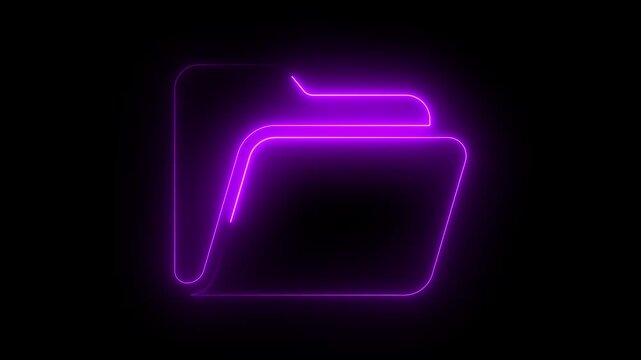 Glowing purple neon folder icon outline animation on black background digital data organization concept abstract technology symbol