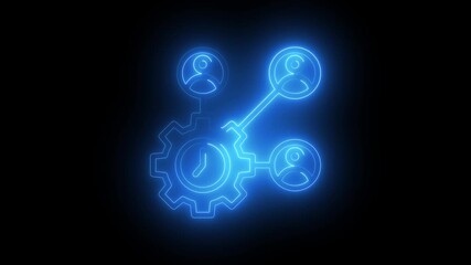 Neon glowing gear with clock and connected people icons symbolizing teamwork efficiency time management and business process automation on dark background - Powered by Adobe