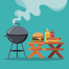 A vibrant illustration of a grill alongside a burger and hot dog showcases the joy of outdoor cooking and barbecues during sunny days with friends and family.