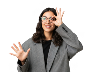 Smiling business woman with glasses making okay sign and waving hand stock photo, png cutout for graphic design isolated on transparent background