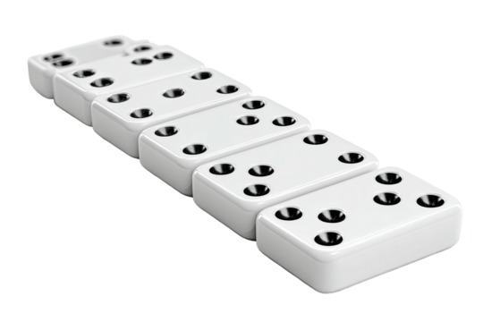 A line of white domino tiles with black dots arranged on a black background