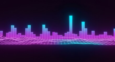 Digital audio equalizer bars glowing in vibrant blue and purple over a futuristic grid background.