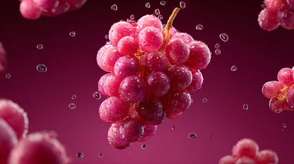 Levitating Pink Grapes with Floating Juicy Fruits on Minimal Background