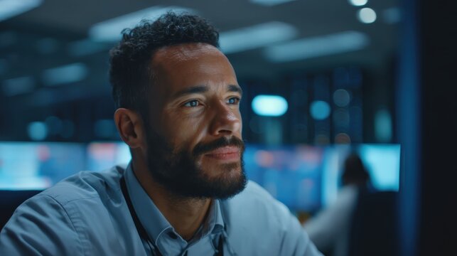 A professional in a secure office, a scene of Cybersecurity and Data Privacy, a portrait of a dedicated worker.