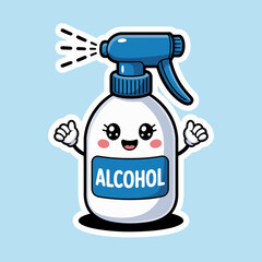 A cheerful cartoon character of an alcohol spray bottle with a smile and arms, embodying cleanliness, joy, and a touch of fun in everyday cleaning.