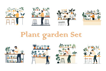 Set of illustrations of people watering plants and caring for houseplants in a modern interior