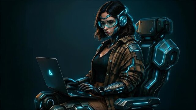 Futuristic Woman in Cybernetic Gear Working on a Laptop