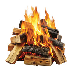 Firewood Burning: A stack of firewood with flames burning strongly, PNG cut out.