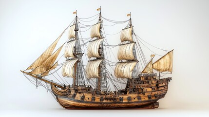 Detailed wooden sailing ship model, three masts, white backdrop, warm tones