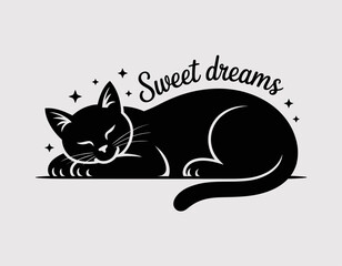 A heartwarming and calming depiction of a sleeping cat, paired with the phrase 'Sweet dreams', creating a cozy atmosphere that evokes comfort and tranquility in pet illustration.